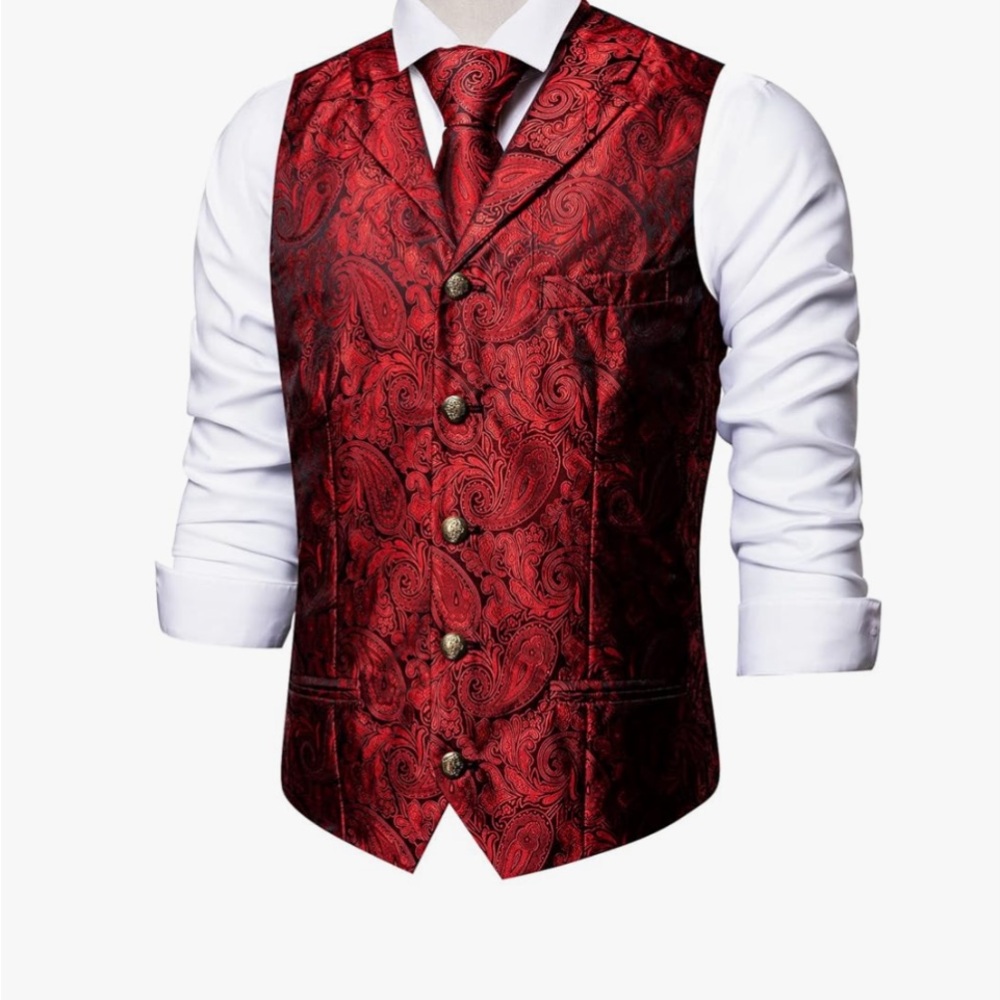 NWT Men’s Med 5 piece Red Paisley Vest, tie, pocket square, cuff lengths & pin.